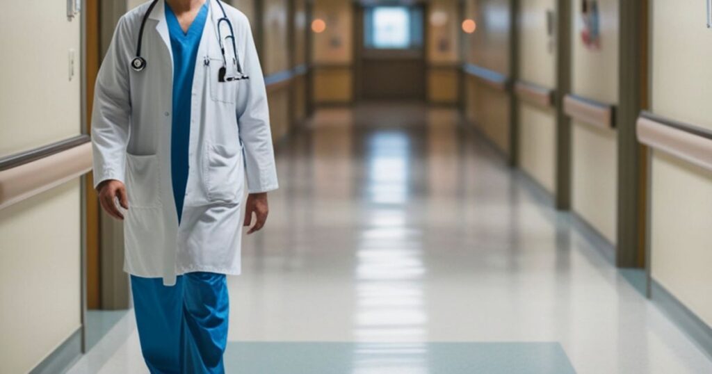 doctor walking down the hallway of a hospital